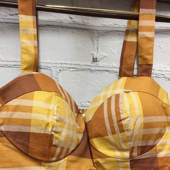 Plaid Vintage twine & string NY CORSET PLAID TOP padded  brown plaid size M - Picture 10 of 13